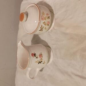 Sangastone Creamer and Sugar Bowl Rosebuds pattern made in Korea.